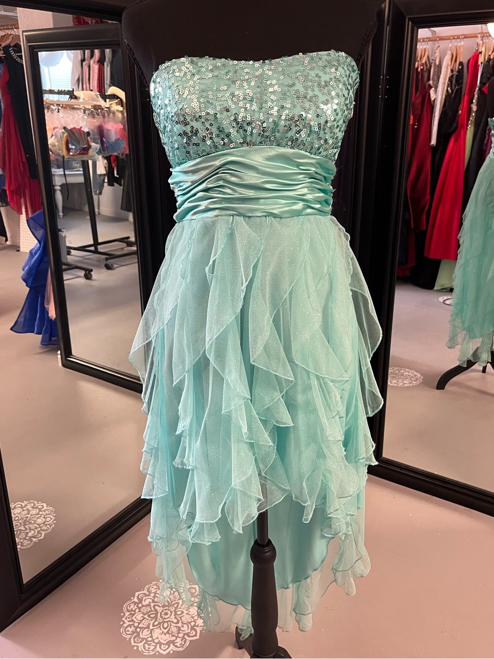 Deb Mint Sequin Strapless High-Low Prom Dress